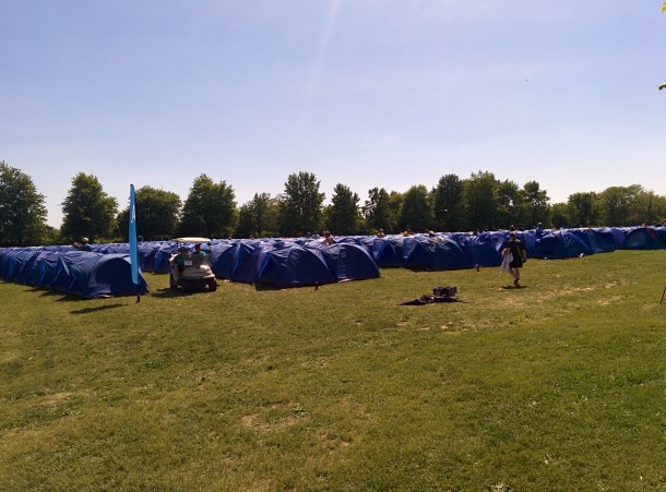 Blue tents for everyone staying the night