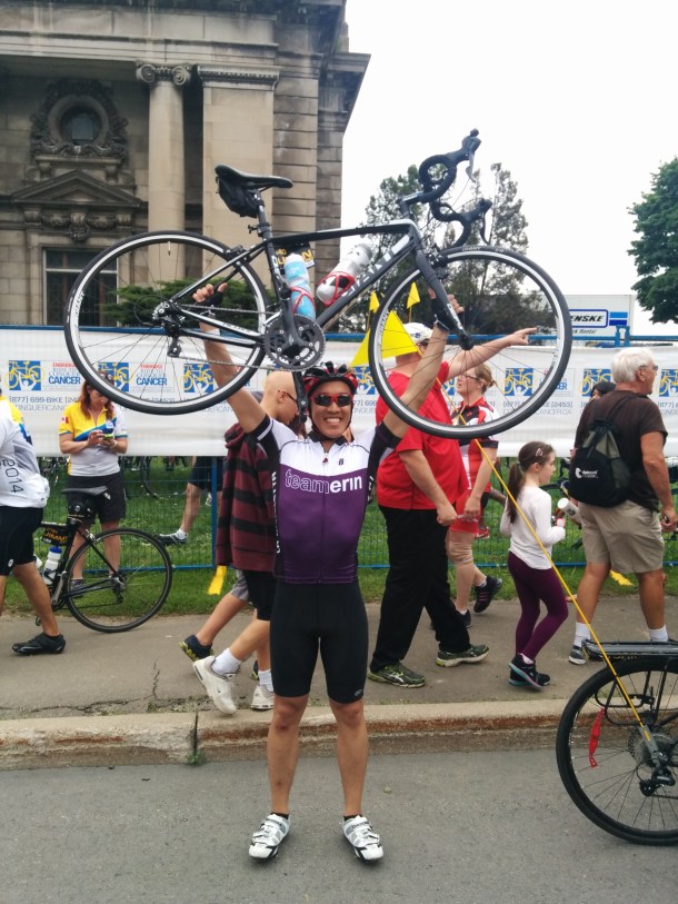 The pose that you're entitled to upon completing the Ride to Conquer Cancer!